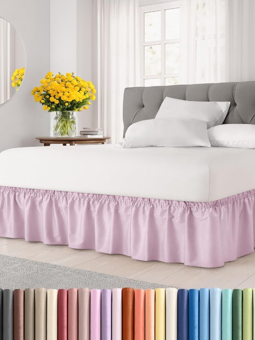 Wrap Around Dust Ruffle Bed Skirt - Light Pink - for Queen Size Beds with 24 Inc